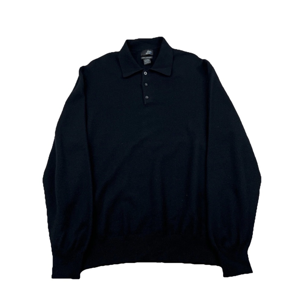 Spring & Mercer Polo Sweater Mens XL Black 100% Cashmere Knit Ribbed Collar